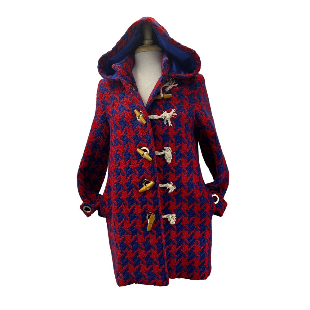 Judith March Duffle Coat Womens S Red Blue Excellent Houndstooth Hooded Toggle - Picture 3 of 9